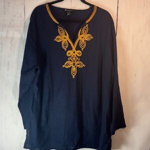 Valerie Bertinelli Navy linen blend Tunic with Gold embellishment